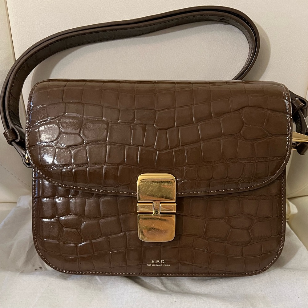 A.P.C. Grace small bag in patent leather embossed with a crocodile motif - brown